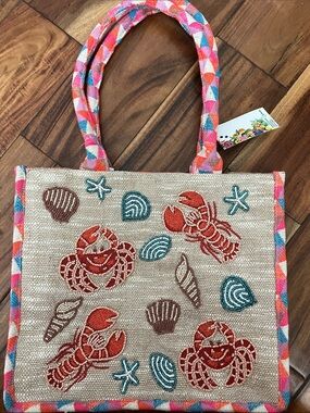 Beach Embroidered crab , shells and sea stars Tote Bag in Coral & Teal